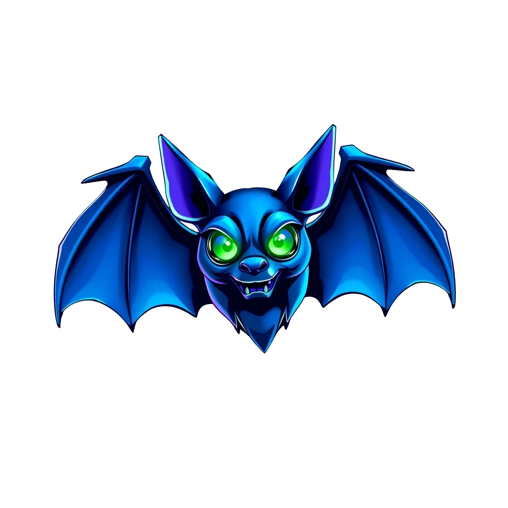 A stylized 3D illustration of a blue bat with glowing green eyes. This high-quality PNG is perfect for neon or cyber-themed Halloween art.