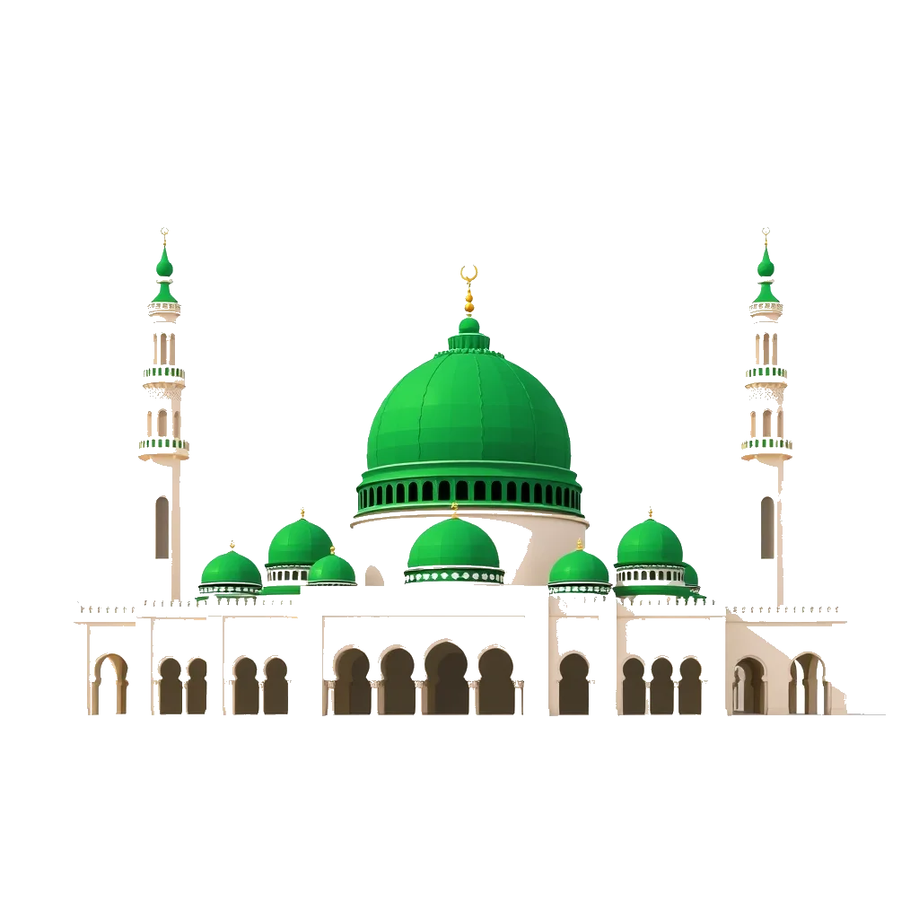 A high-quality PNG image showing the Green Dome and minarets of the Prophet's Mosque in Medina. This Islamic landmark graphic features a transparent background.