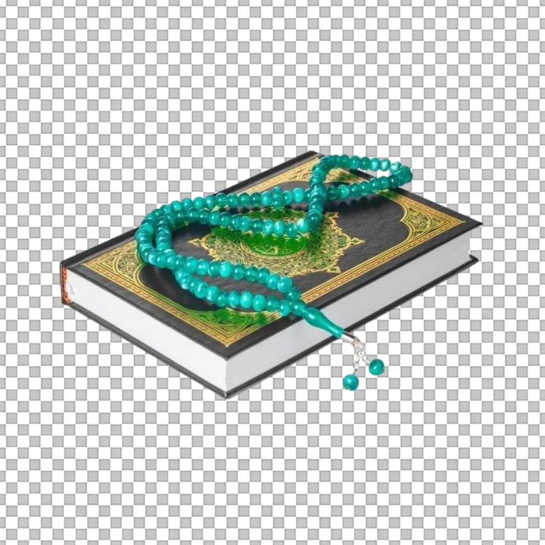 Green Prayer Beads On Quran Book PNG