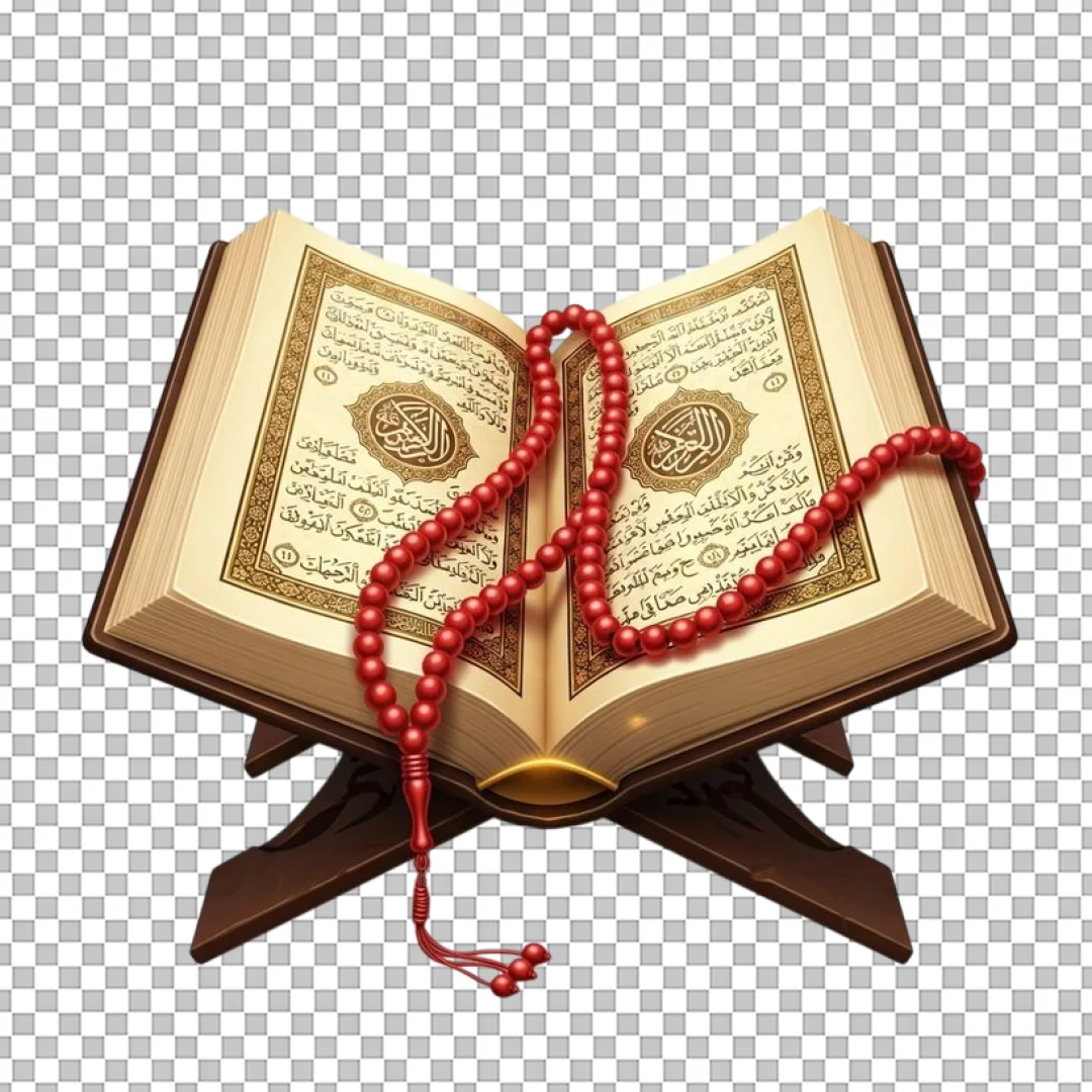 Open Quran On Wooden Stand With Beads PNG