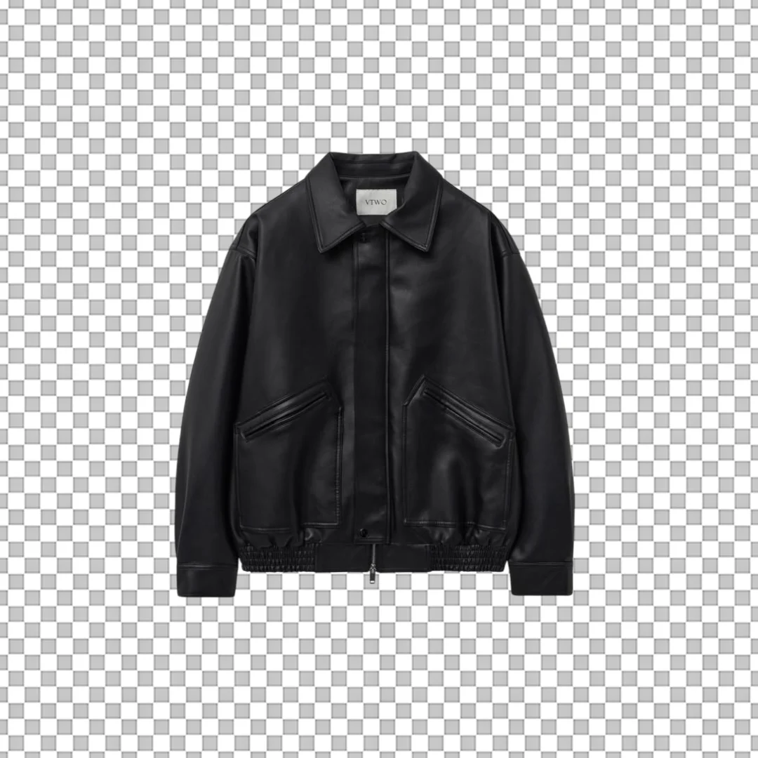 Black Leather Bomber Jacket Isolated Clipart PNG