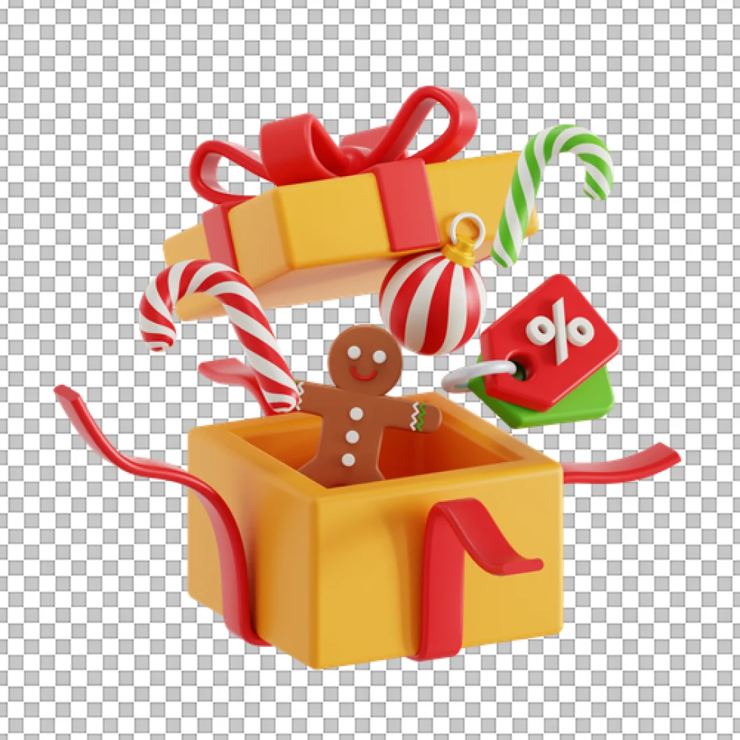 Open Yellow Gift Box With Gingerbread And Candy PNG