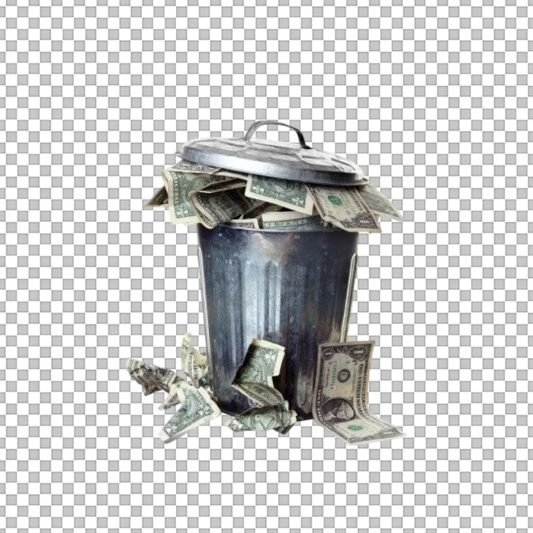 Metal Trash Can Overflowing With Money Clipart PNG
