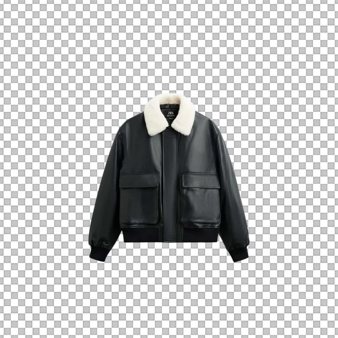 Black Leather Jacket With Fur Collar Clipart PNG