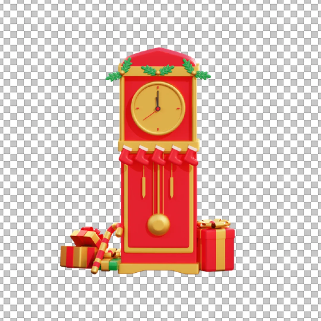 Red Christmas Grandfather Clock With Stockings And Gifts PNG
