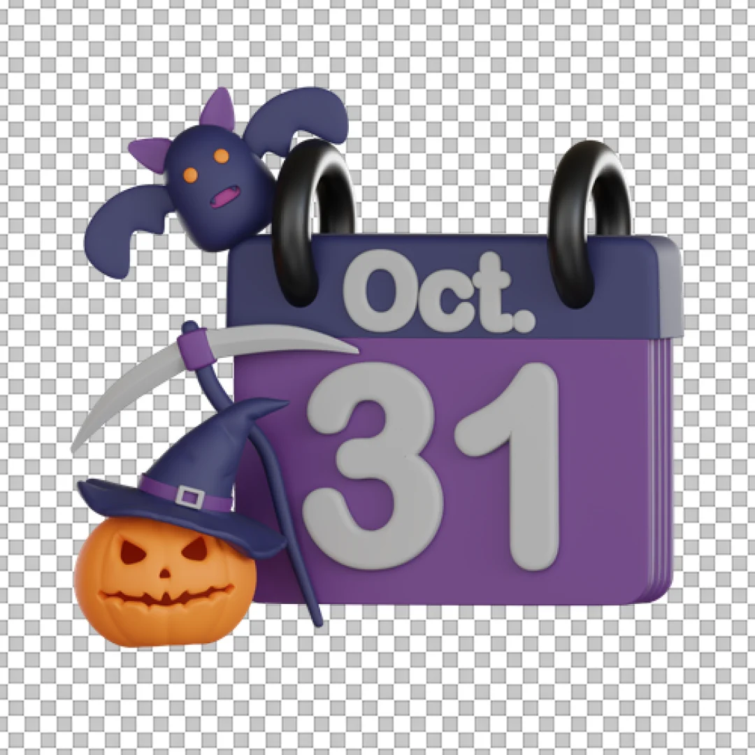 3D Halloween Calendar With Scythe And Hat PNG
