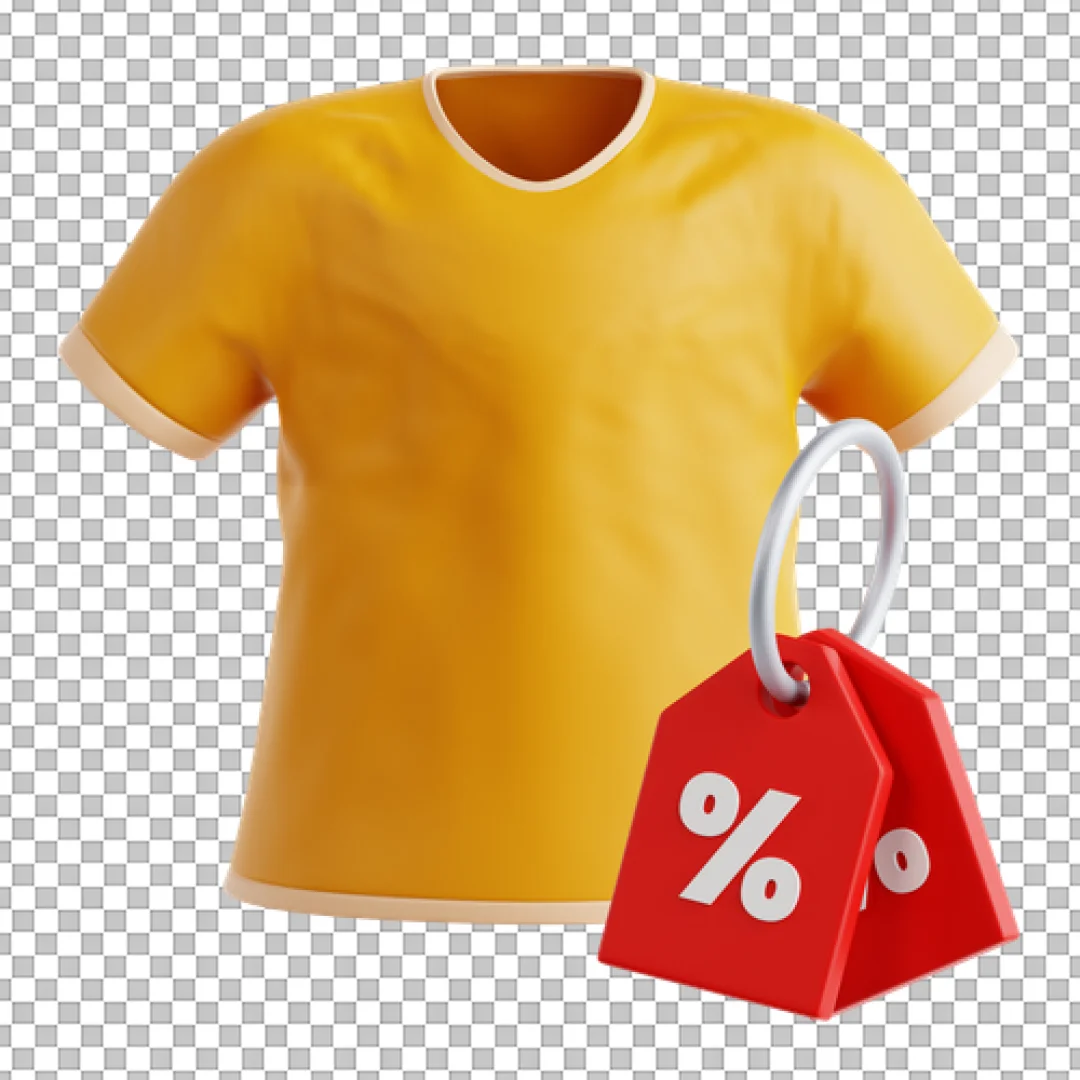 3D Clothes Sale Icon: Yellow T-Shirt with Percentage Discount Tags