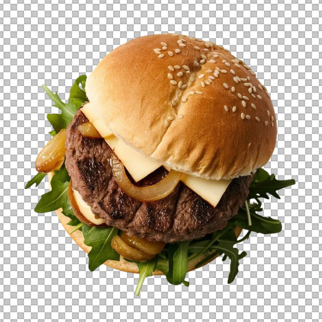 Cheeseburger with Caramelized Onions and Arugula PNG