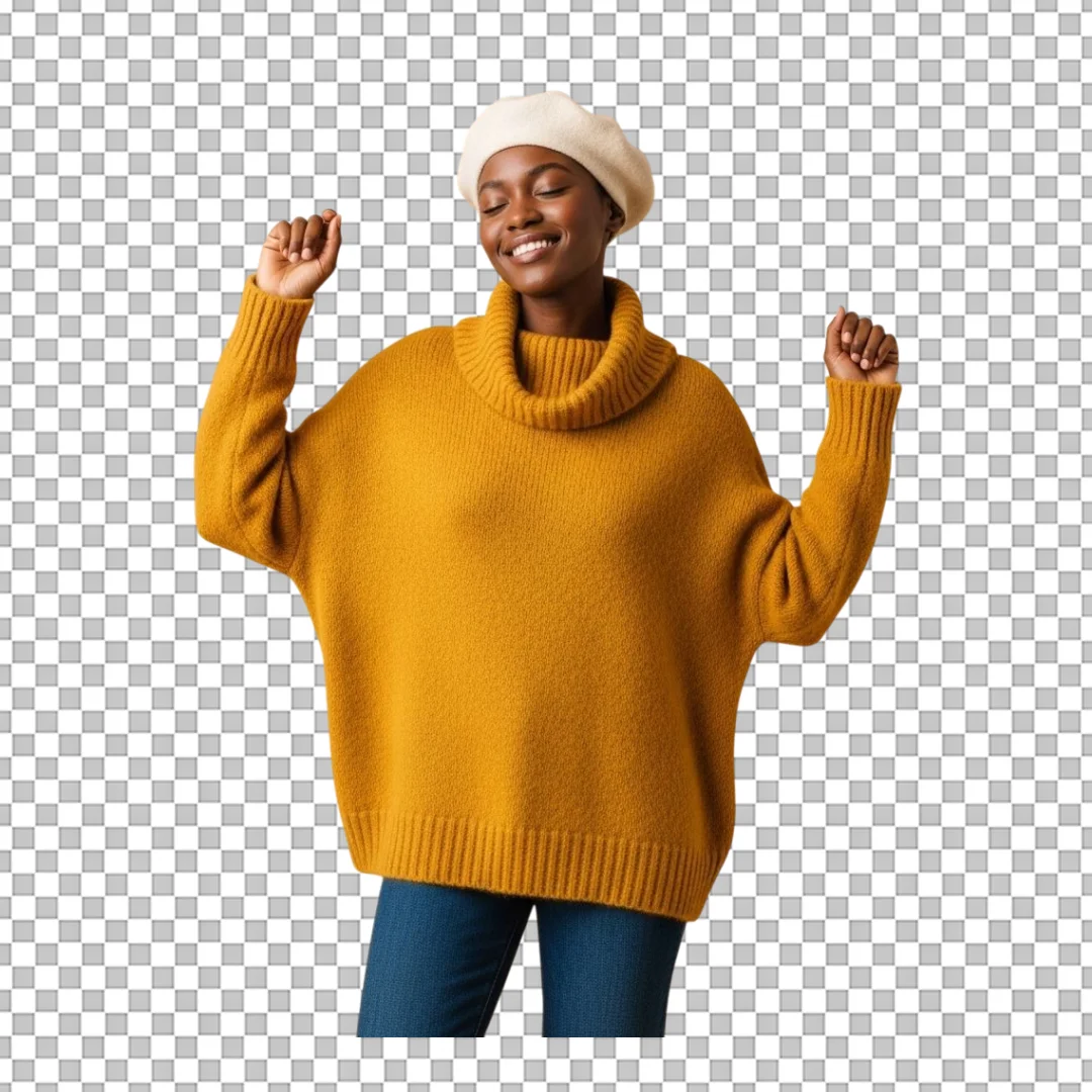 Joyful Black Woman Dancing in Cozy Yellow Sweater and Beret