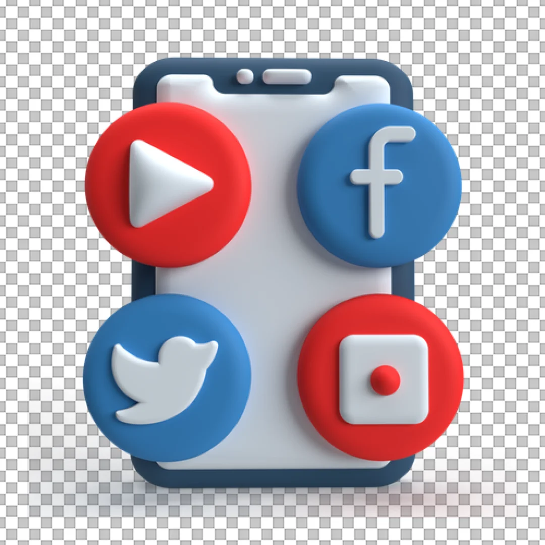 Smartphone With 3D Social Media Buttons PNG