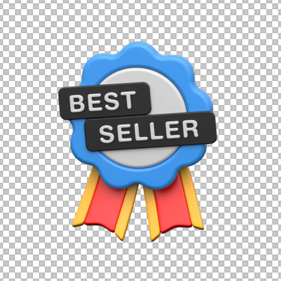 Glossy 3D Best Seller Award Icon with Blue Badge and Ribbons