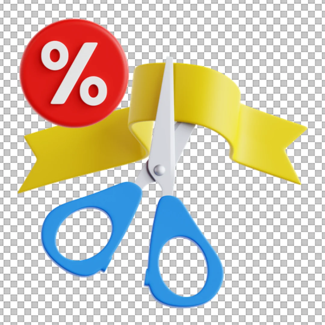 3D Discount Icon: Scissors Cutting Coupon Ribbon with Percentage Symbol