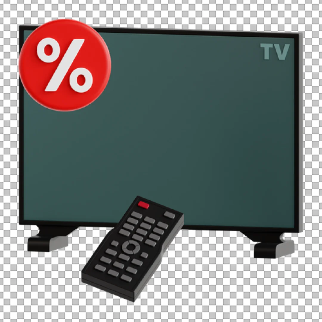 3D Television Sale Icon with Remote Control and Discount Percentage Tag