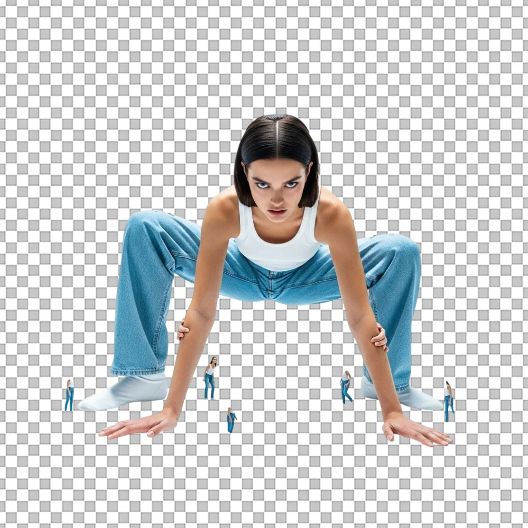 Surreal Scale Manipulation: Intense Woman Crouching Over Miniature Selves