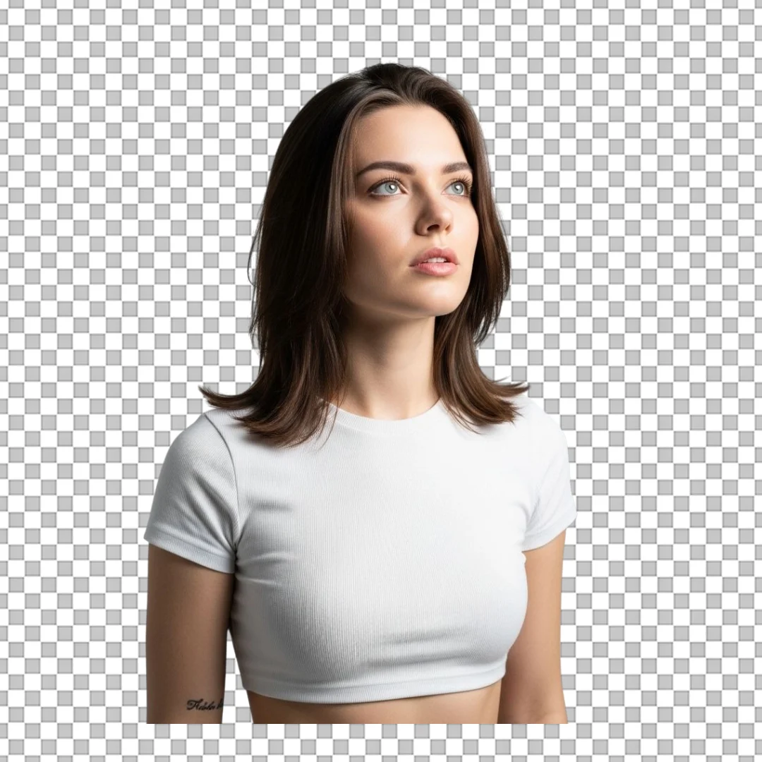 Young Woman Looking Upwards in Contemplation Isolated on Black