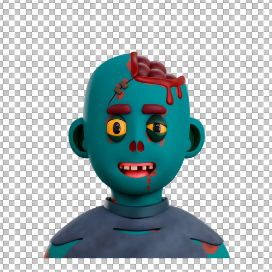 Stylized 3D Zombie Character Icon with Exposed Brain and Blood
