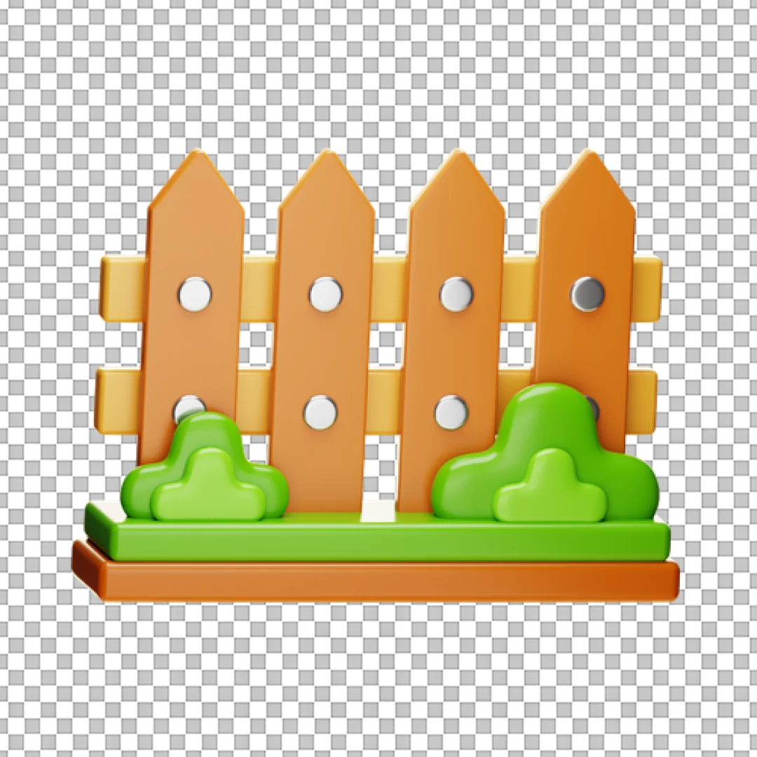 3D Glossy Farm Picket Fence Icon with Green Bushes