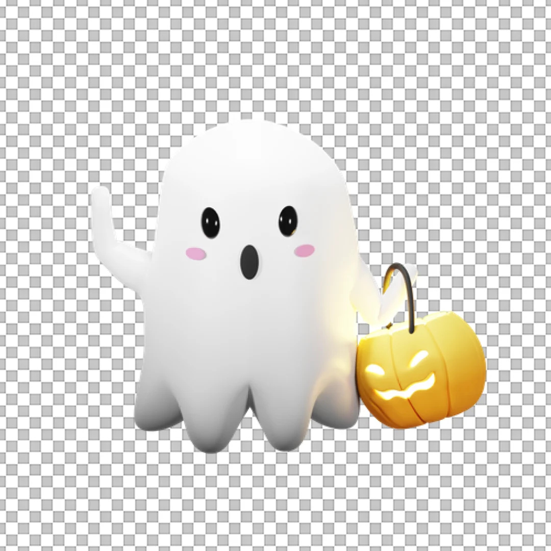 3D White Ghost Holding Glowing Pumpkin PNG