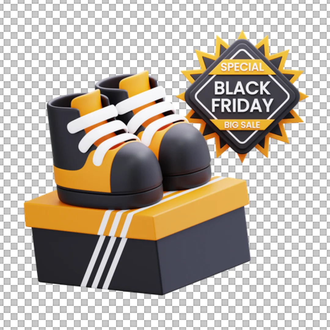 Stylized 3D Sneakers on Box with Black Friday Big Sale Badge Icon