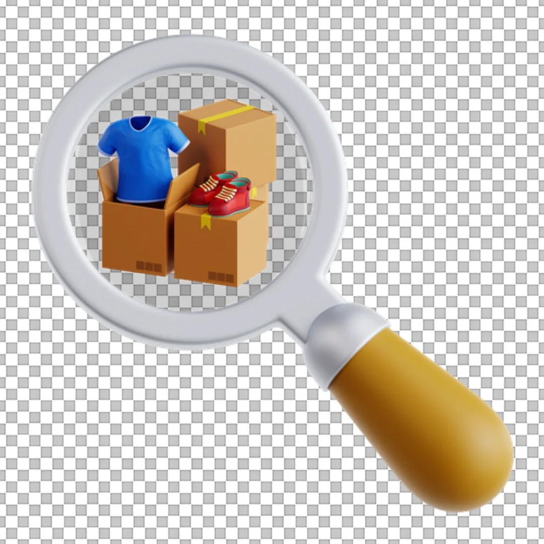 3D Product Search Icon: Magnifying Glass Examining E-commerce Inventory Boxes