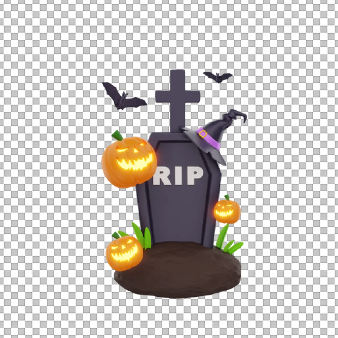 Halloween Gravestone With Pumpkins 3D Scene PNG