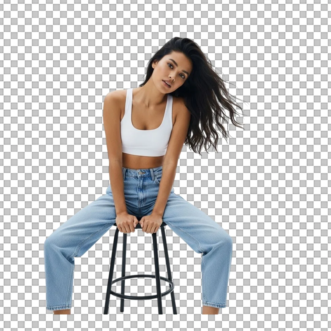Stylish Young Woman in White Crop Top and Denim Jeans Posing on Stool
