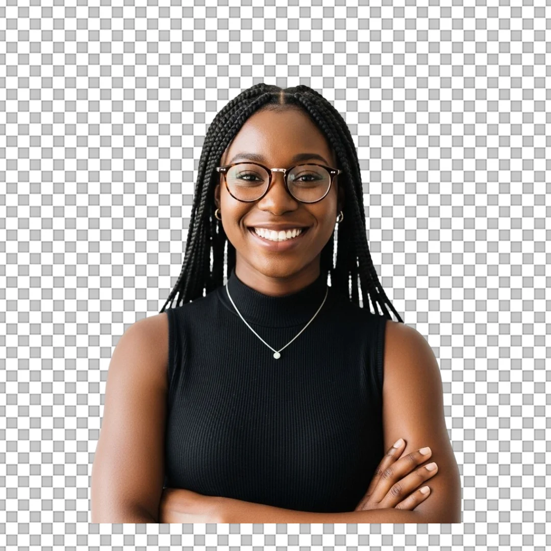 Professional Young Black Woman with Braids and Glasses Smiling Confidently