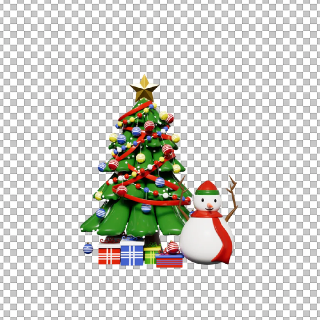 Christmas Tree With Gifts And Snowman Character PNG