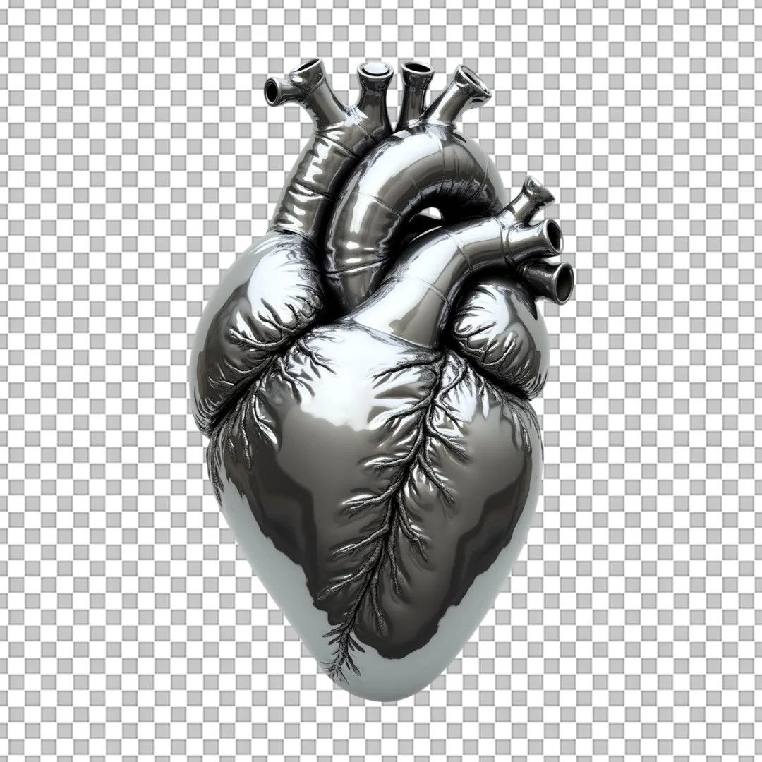 Realistic Chrome Anatomical Heart Model PNG