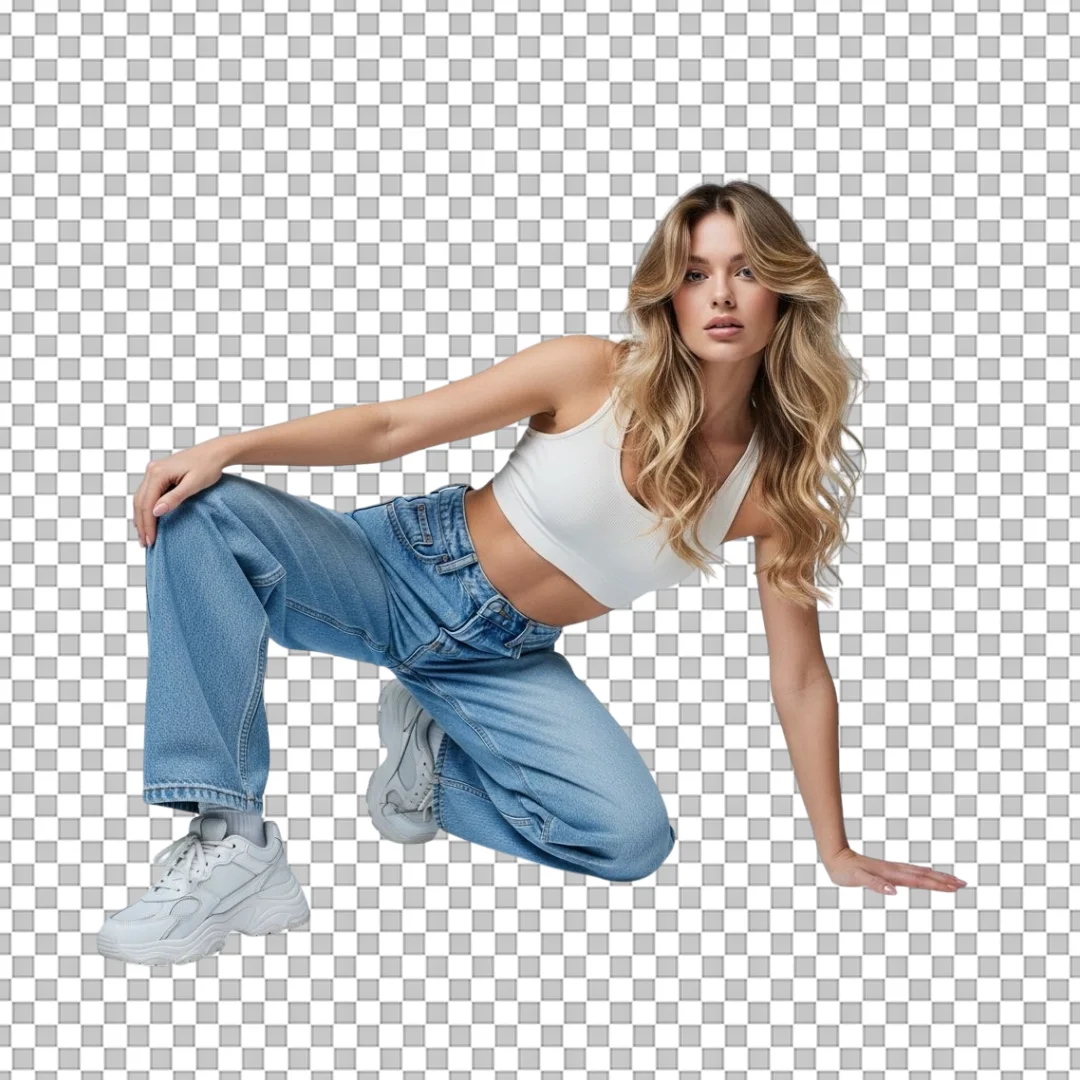 Fashion Model Posing in Trendy Crop Top and Baggy Jeans on Black Background