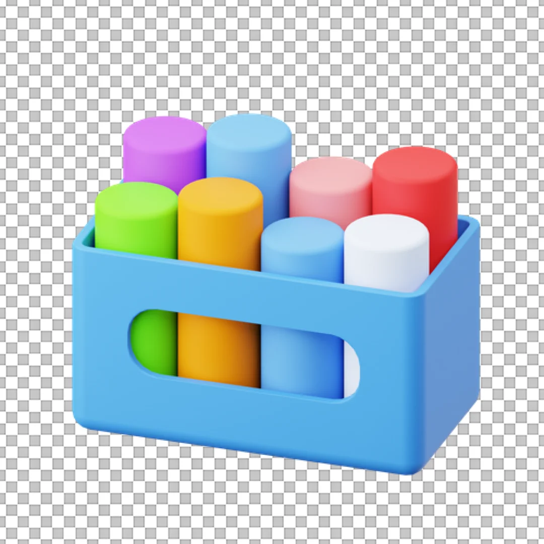3D Icon of Colorful Chalk Sticks in Blue Box for Drawing and School Supplies