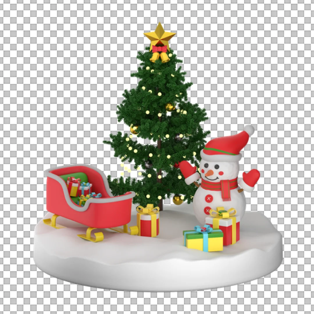 Christmas Scene With Sleigh Tree And Snowman PNG