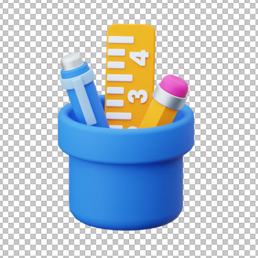 3D Stationery Pot Icon with Pencil, Ruler, and Pen