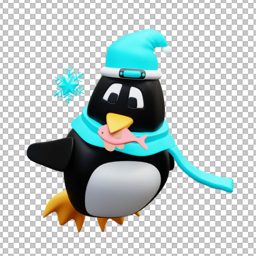 Penguin Sliding On Belly With Fish 3D PNG