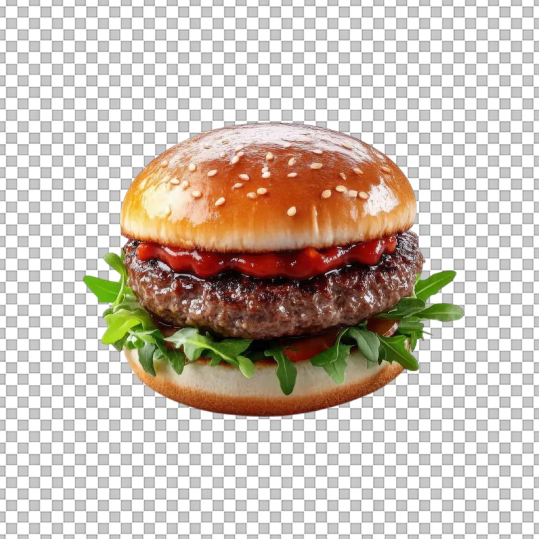 Ketchup Topped Hamburger with Arugula PNG
