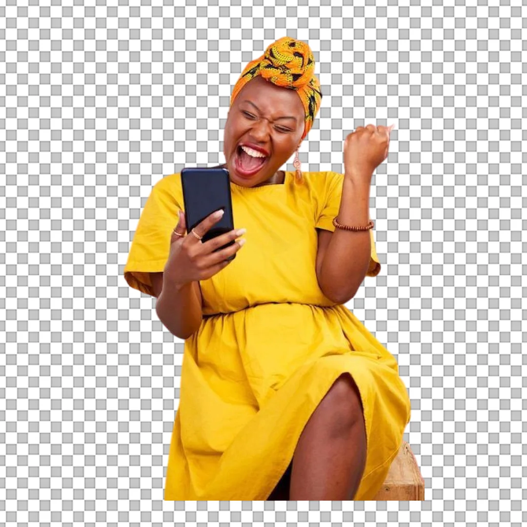 Excited Woman Celebrating with Phone PNG