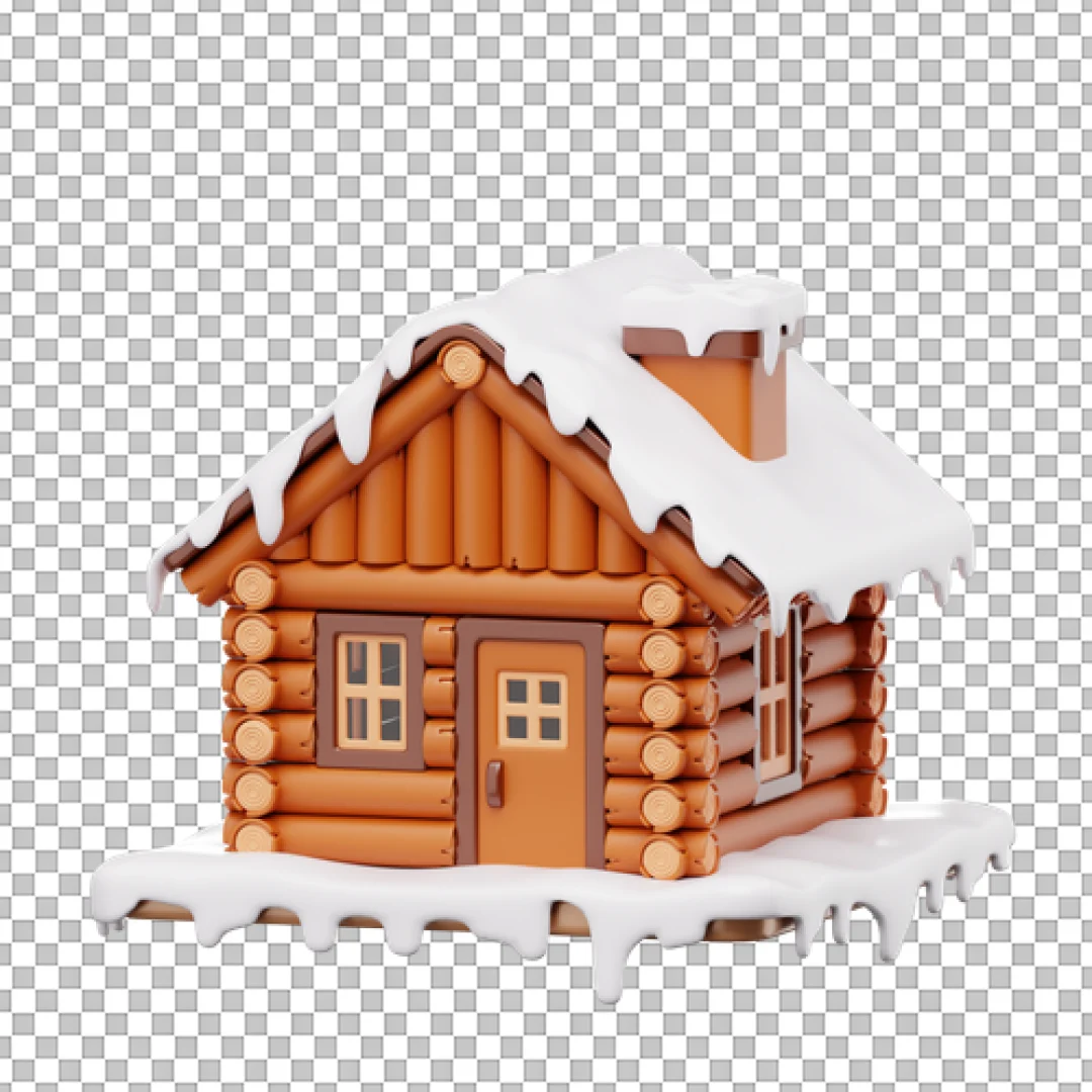 Wooden Log Cabin in Snow PNG