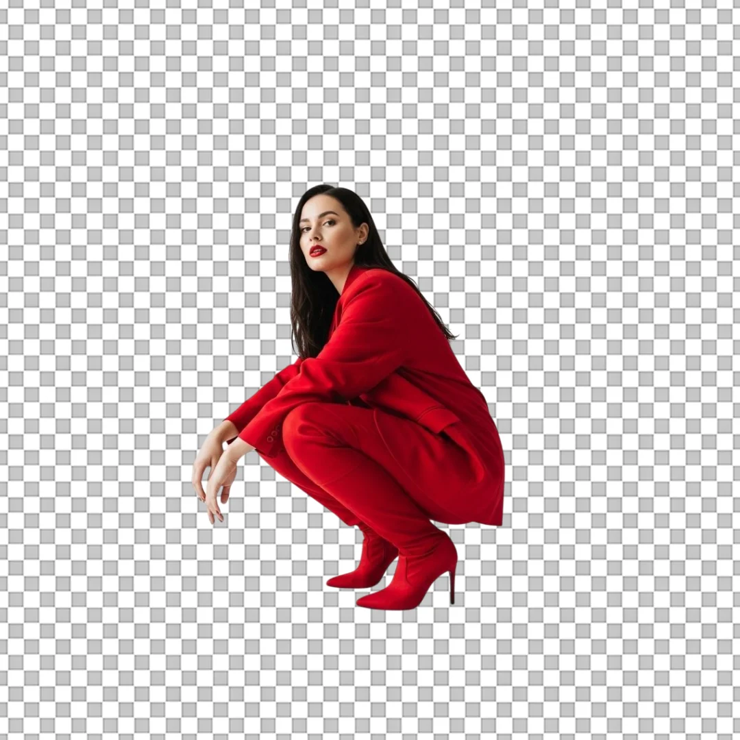 Confident Woman in Vibrant Red Suit and High-Heeled Boots Crouching