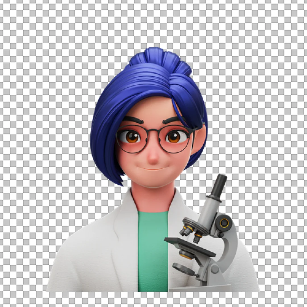 Friendly 3D Female Scientist Avatar with Lab Coat and Microscope