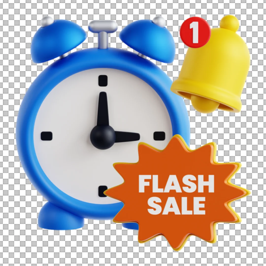 3D Alarm Clock Icon with Flash Sale Sticker and Notification Alert Bell