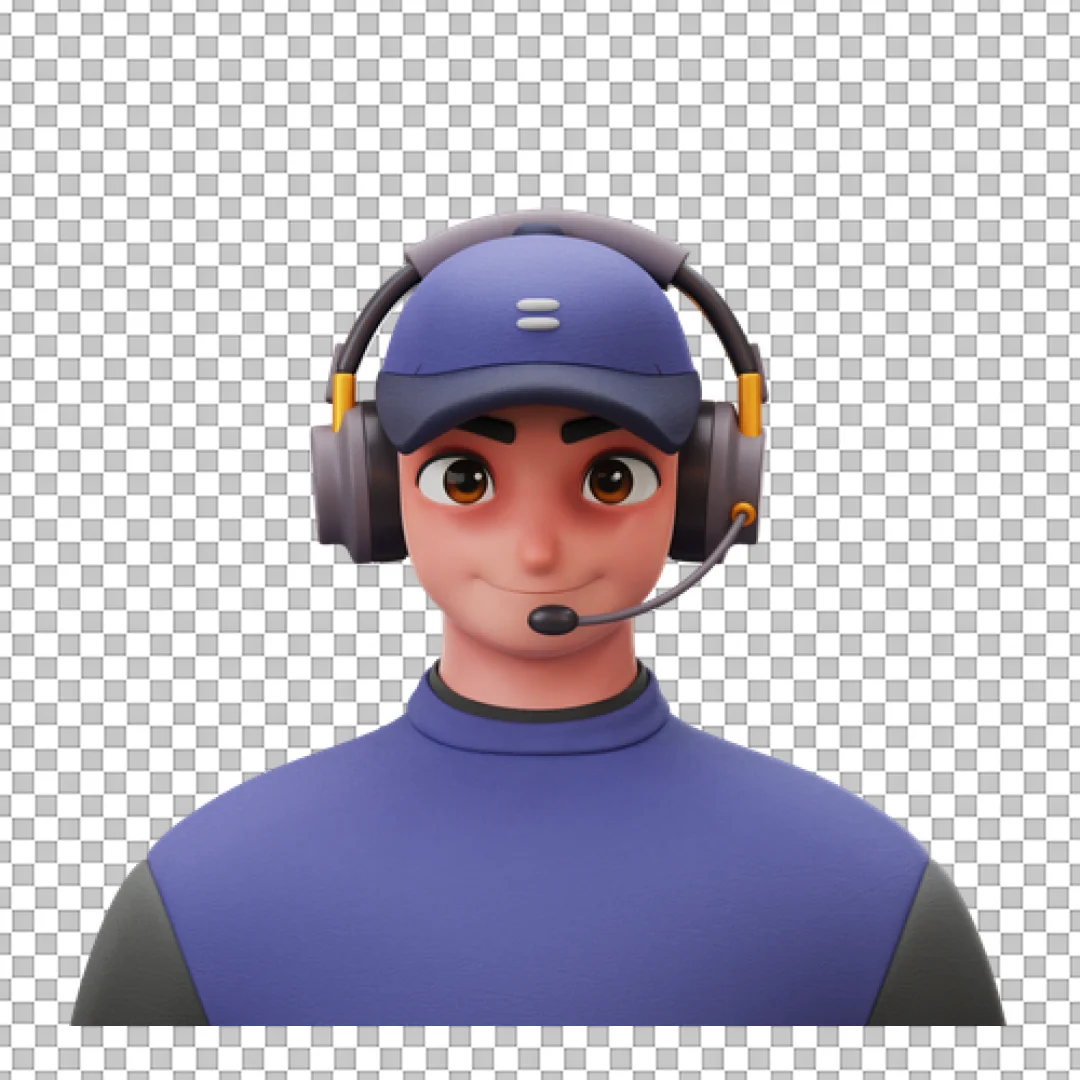 3D Customer Service Agent Avatar Icon with Headset and Cap