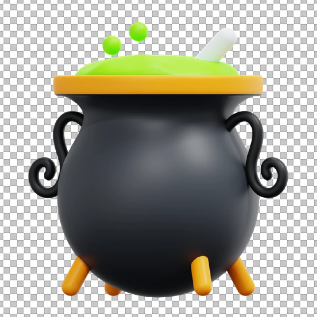 Glossy 3D Halloween Cauldron Icon with Bubbling Green Potion Brew
