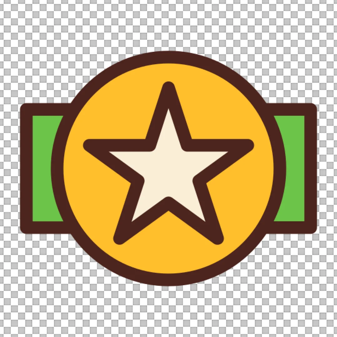 Gold Star Medal or Badge Icon with Green Ribbon