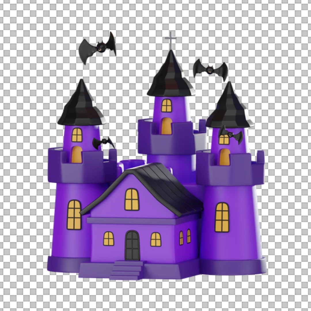3D Purple Haunted Castle Halloween Building PNG