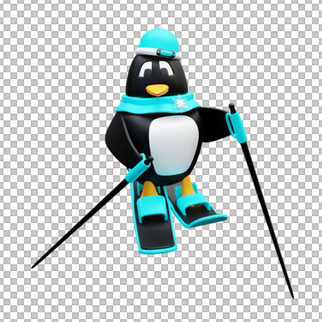 Penguin Character Skiing With Poles 3D PNG