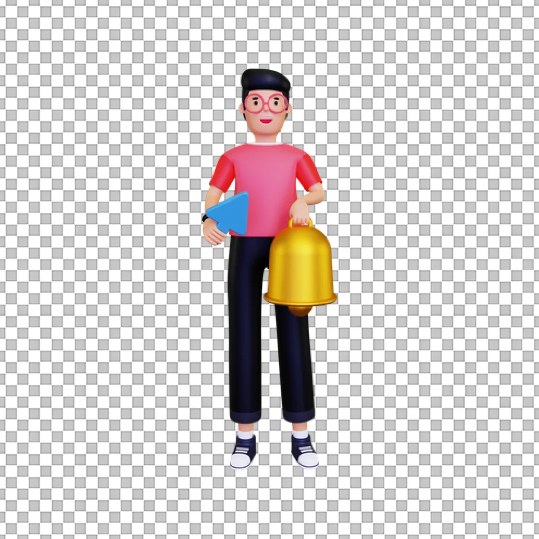 Character Holding Cursor And Golden Bell PNG