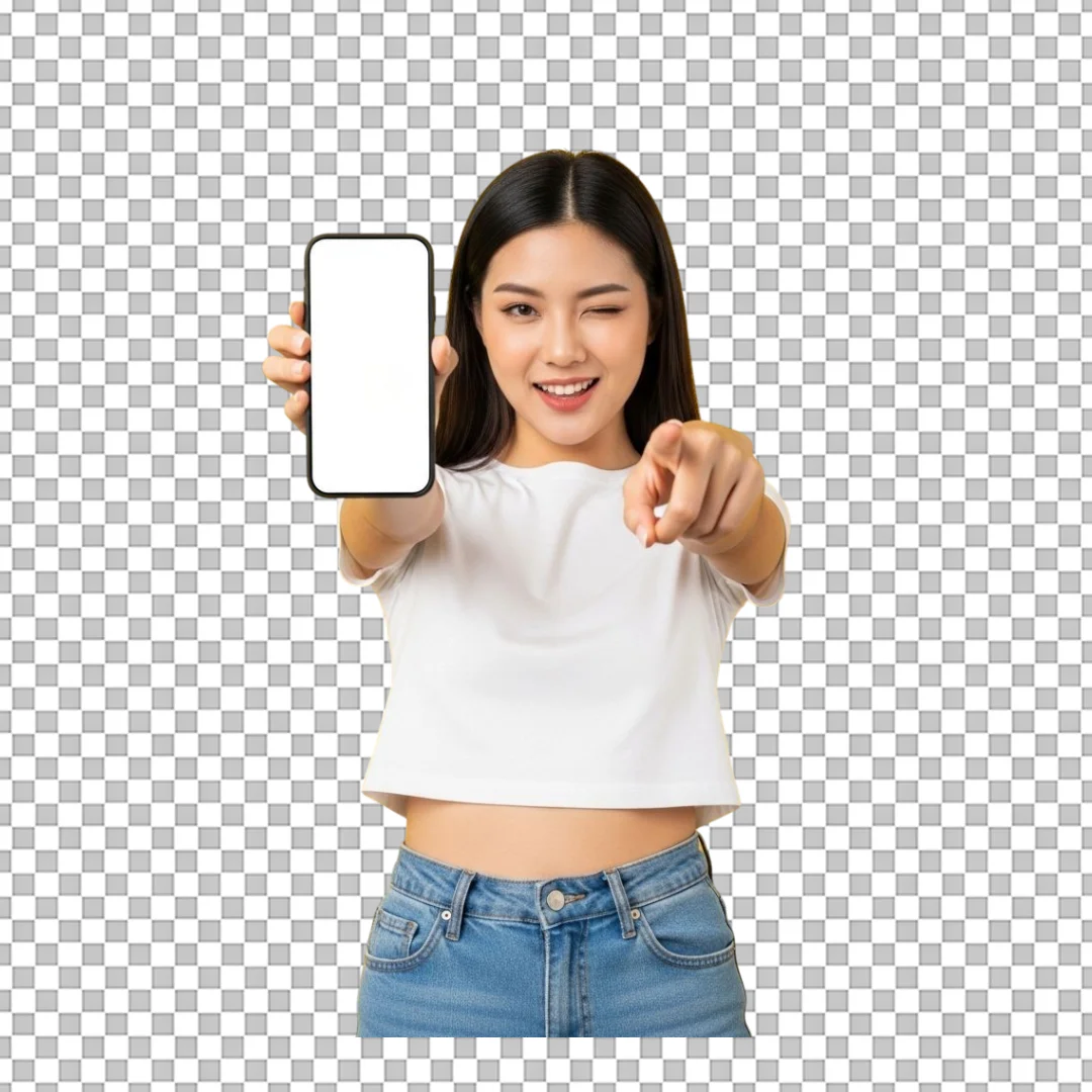 Smiling Asian Woman Winking and Pointing, Displaying Smartphone Mockup Screen