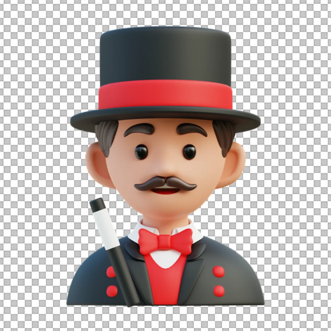 Cute Magician Character 3D Icon with Top Hat and Magic Wand