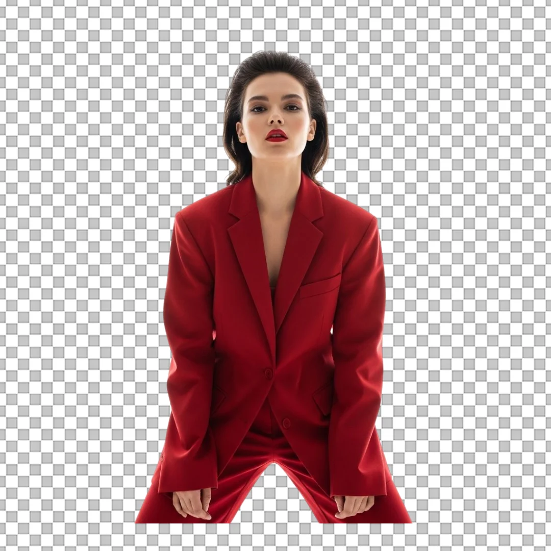 Assertive Business Woman in Bold Red Suit on Black Background