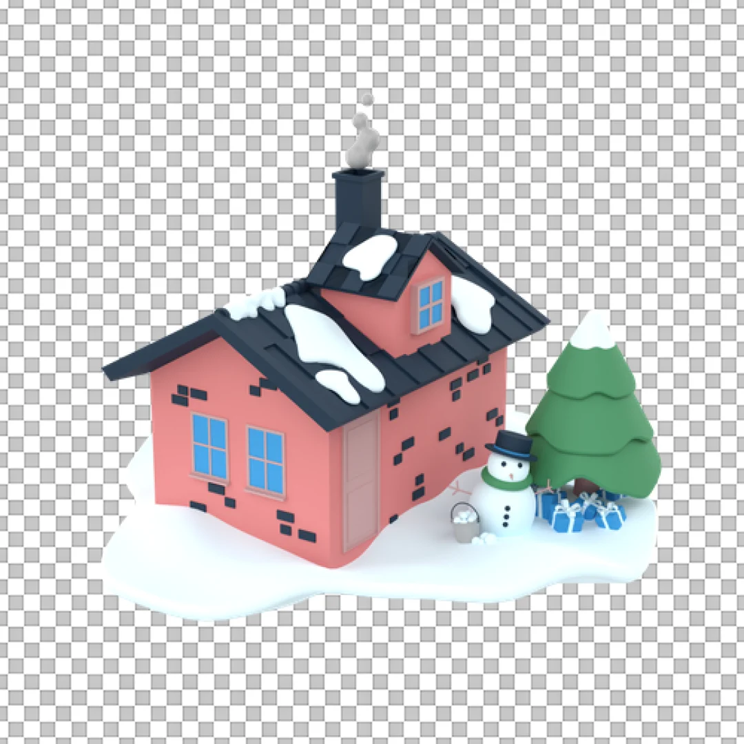 Pink Winter House With Snow And Tree 3D PNG